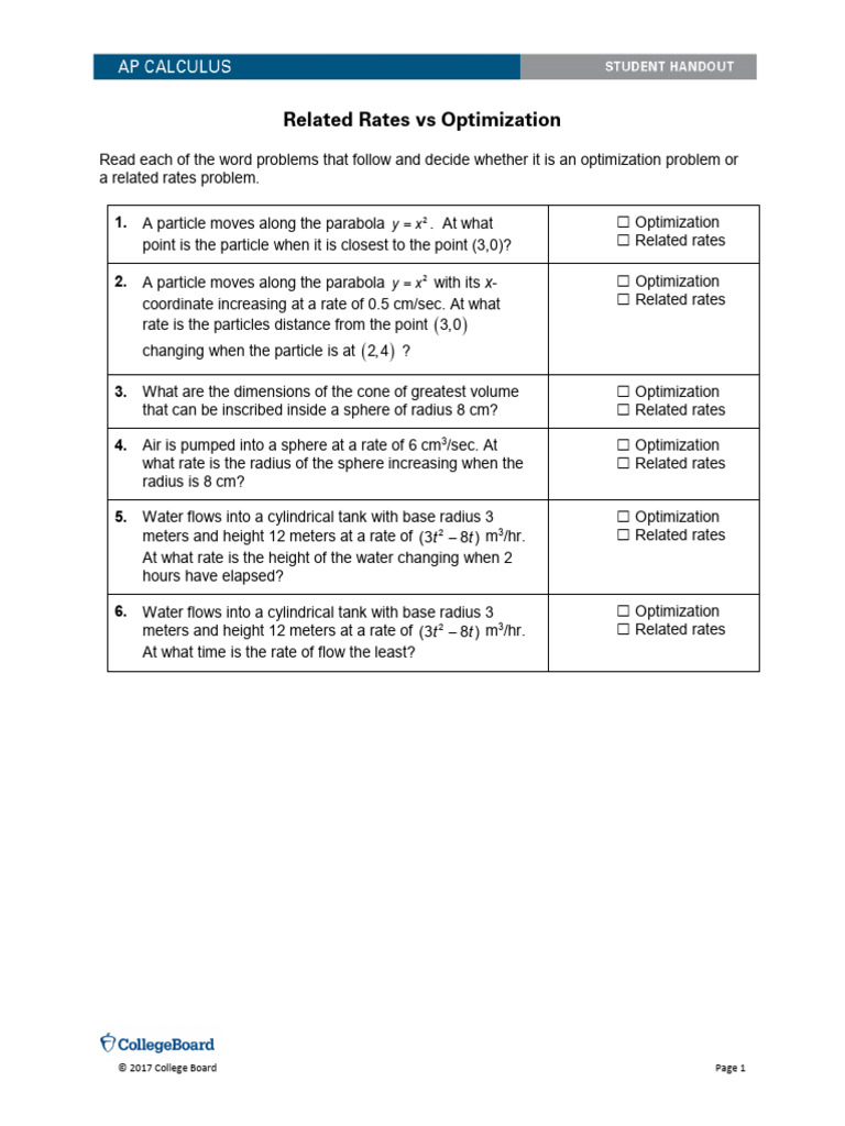 Handout Student Analyzing Problems Involving Related Rates | PDF
