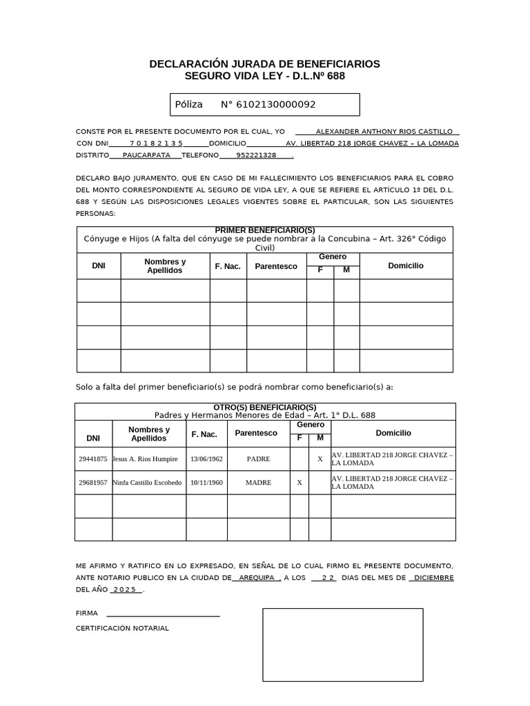 Formato Declaracion Jurada de Beneficiarios | PDF