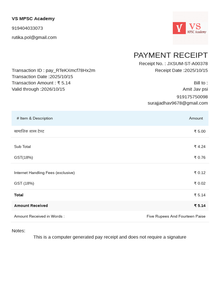 Payment Receipt: VS MPSC Academy | PDF