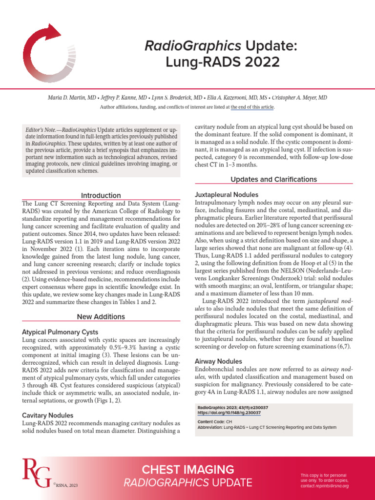 Martin Et Al 2023 Radiographics Update Lung Rads 2022 | PDF | Ct Scan ...