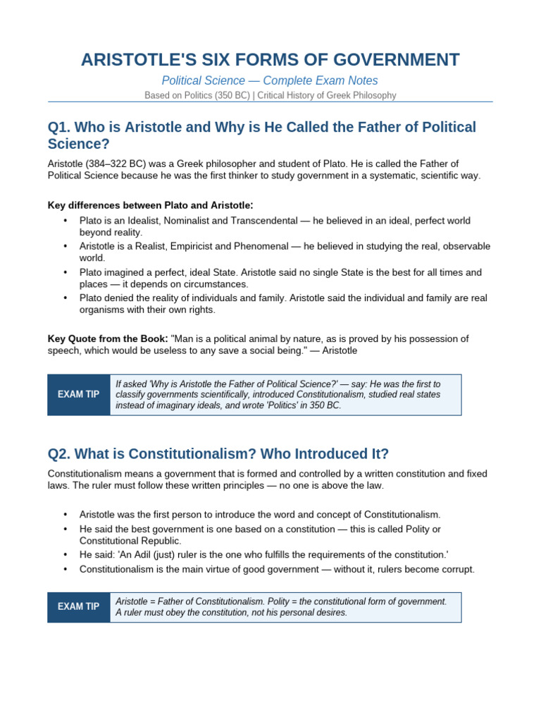 Aristotle Six Forms of Government Notes | PDF