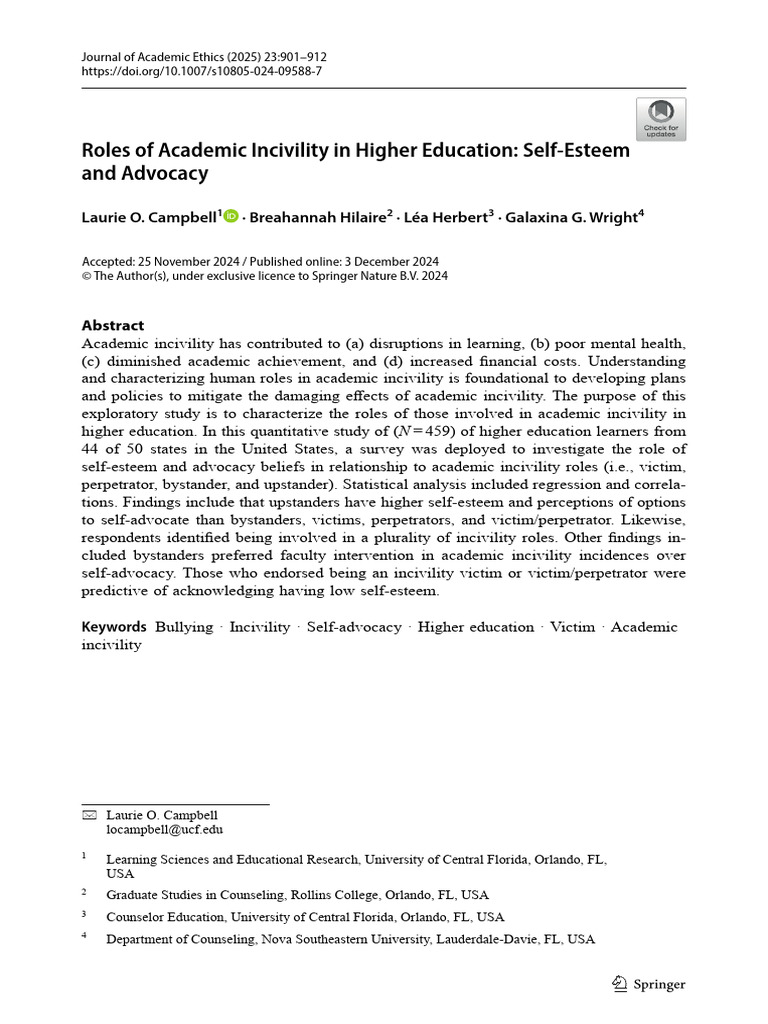 Roles of Academic Incivility in Higher Education: Self-Esteem and ...