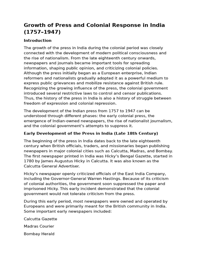 Growth of Press and Colonial Response in India ( | PDF
