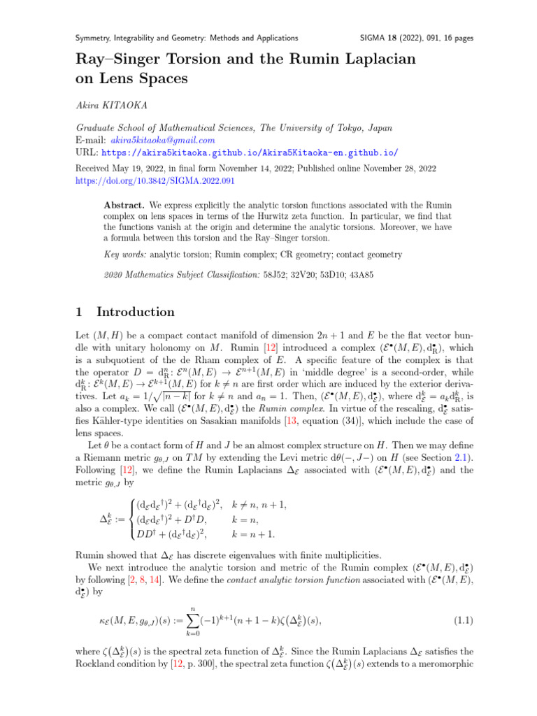 Ray-Singer Torsion and The Rumin Lapla | PDF | Manifold | Geometric ...