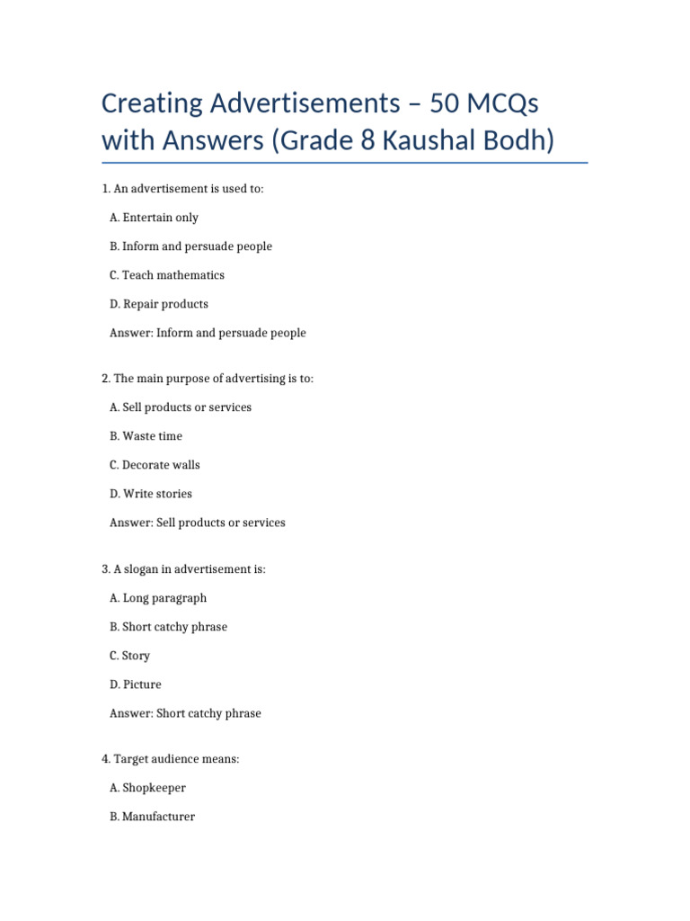 Creating Advertisements 50 MCQ | PDF | Advertising | Brand