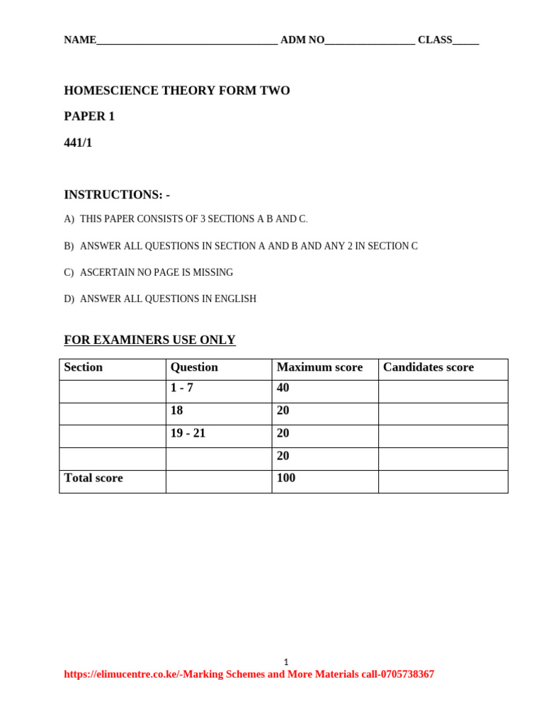 Homescience Form 2 Questions 2 | PDF