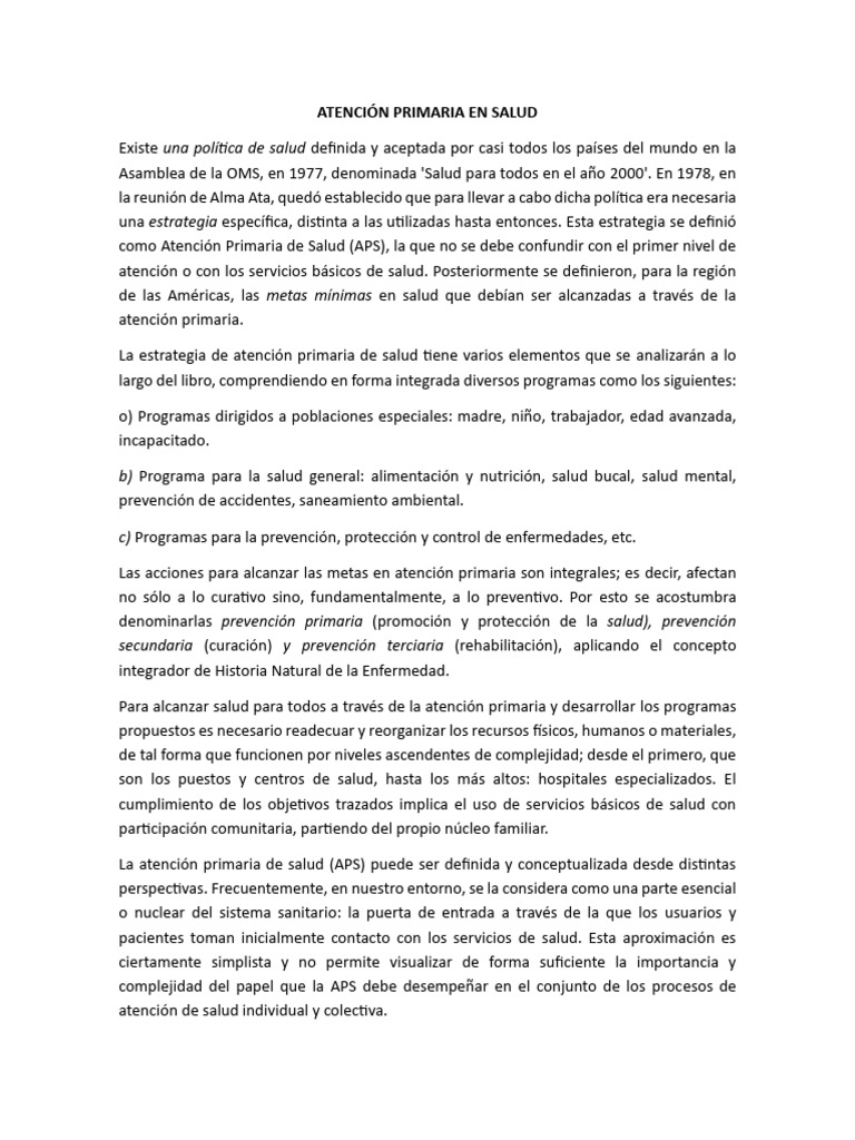 Resumen Atención Primaria en Salud | PDF | Cuidado de la salud ...