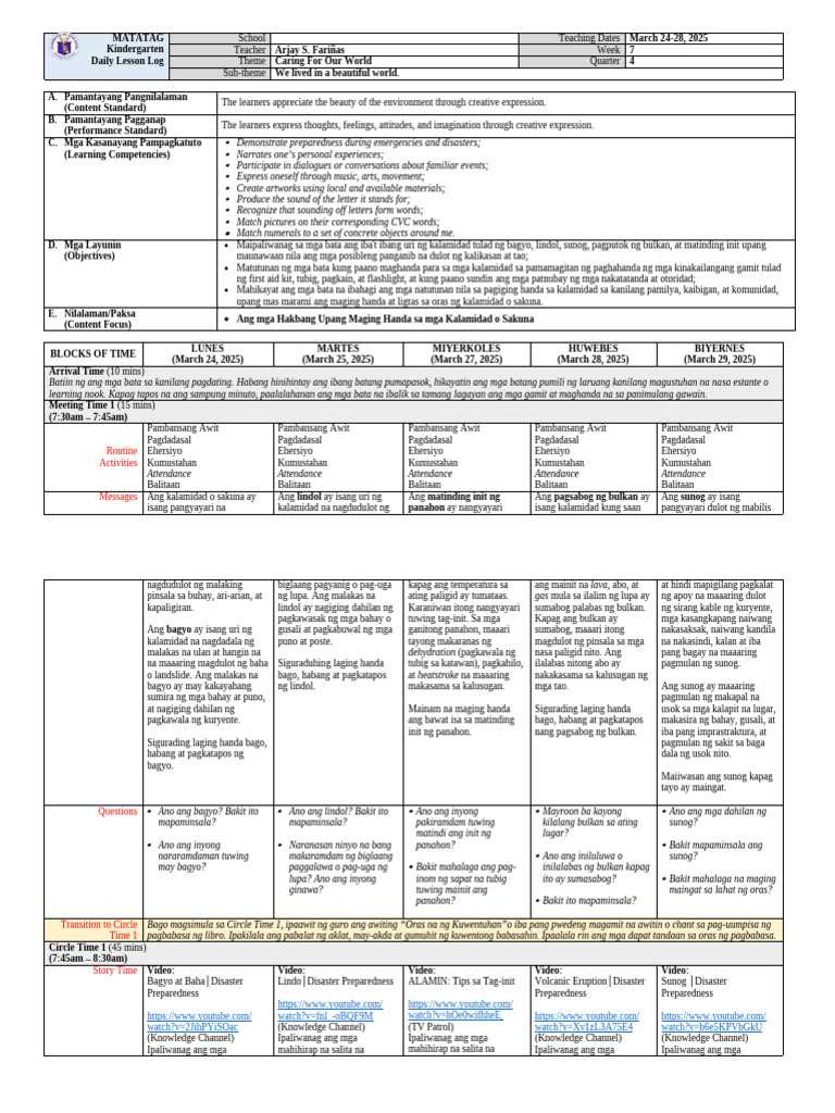 Kindergarten Q4 Week 7 MATATAG DLL Asf | PDF