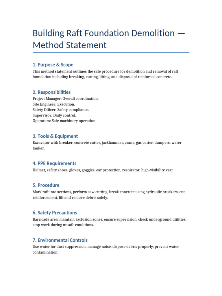 Raft Demolition Method Statement | PDF