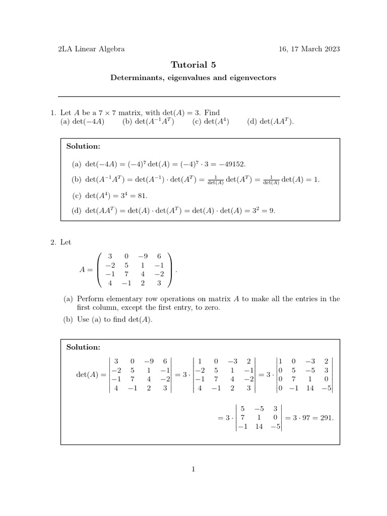 Tutorial 05 - Deteminants, Eigenvalues and Eigenvectors - Solutions | PDF