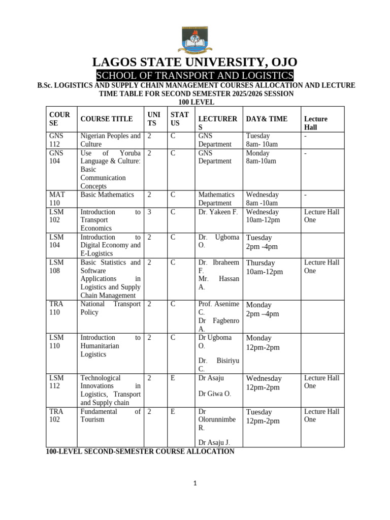 Second Semester 25.26 LSCM Lecture Time-Table | PDF