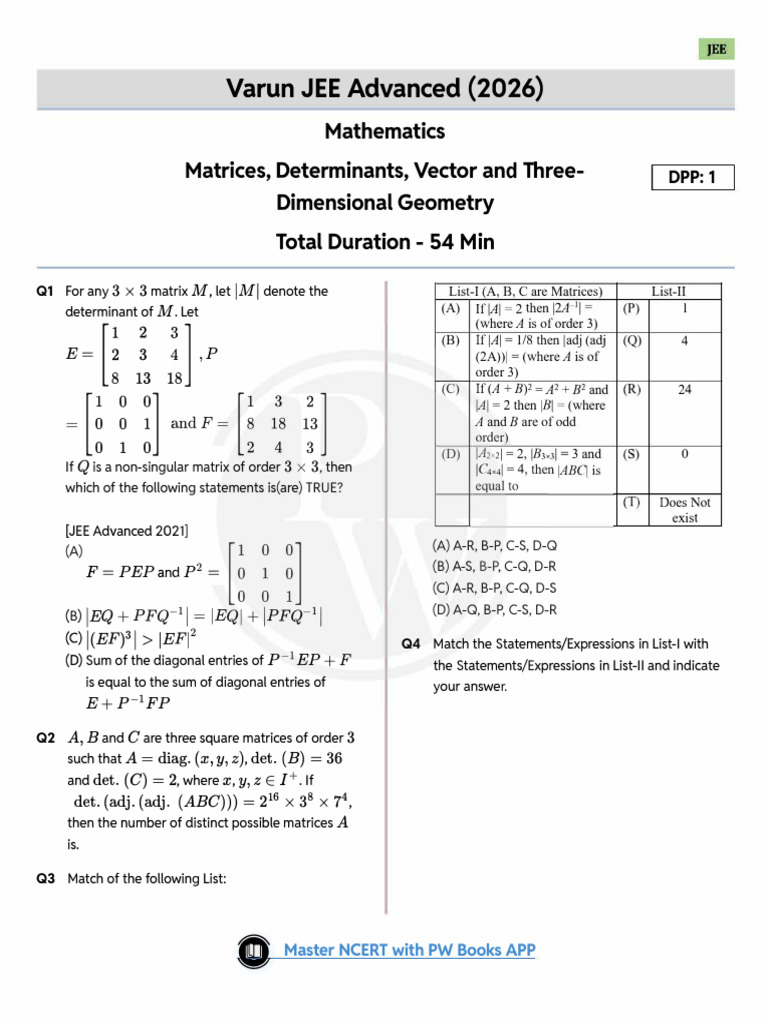 Matrices, Determinants, Vector and Three-Dimensional Geometry - DPP 01 ...