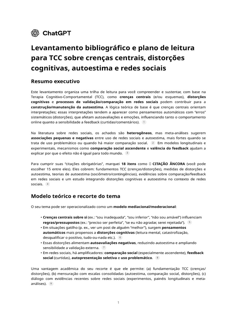 Levantamento Bibliográfico e Plano de Leitura para TCC Sobre Crenças ...