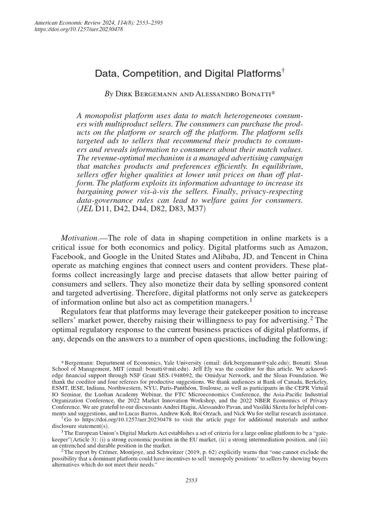 Data Competition and Digital Platforms Aer | PDF | Economic Surplus ...