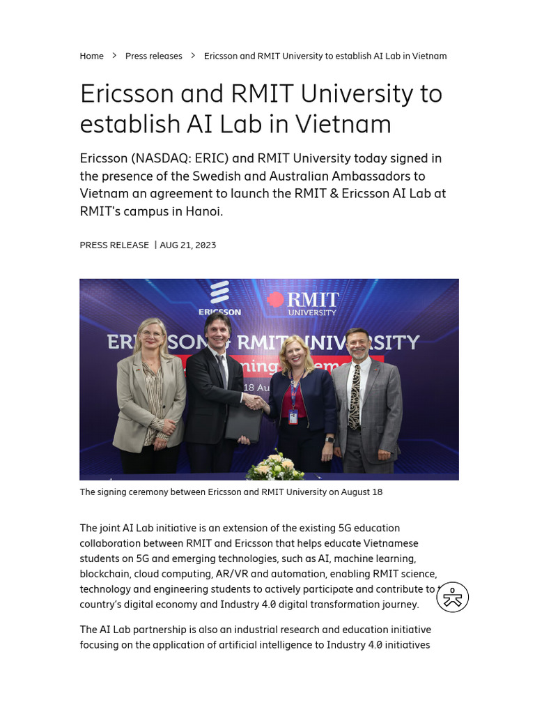 Ericsson and RMIT University To Establish AI Lab in Vietnam | PDF