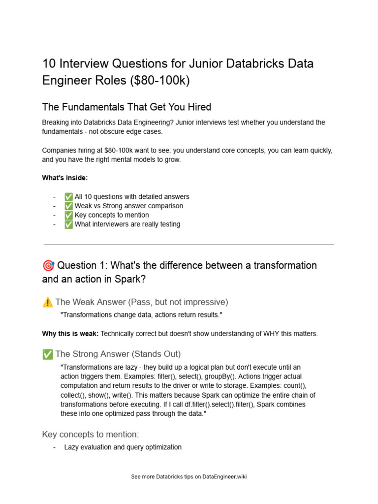 10 Interview Questions For Junior Databricks Data Engineer | PDF