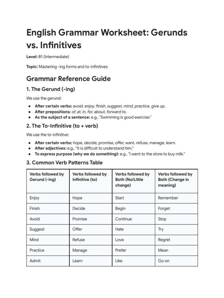 Gerunds and Infinitives Worksheet | PDF