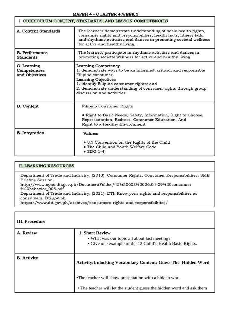 Mapeh 4 - q4-w1 Lesson Plan | PDF