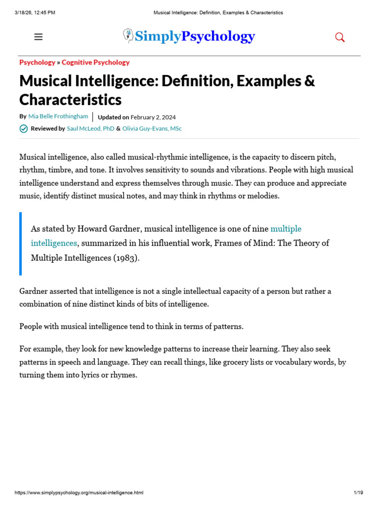 Musical Intelligence - Definition, Examples & Characteristics | PDF