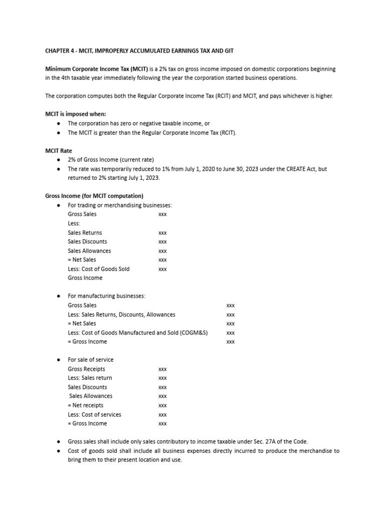 Chapter 4 - Mcit, Improperly Accumulated Earnings Tax and Git | PDF ...