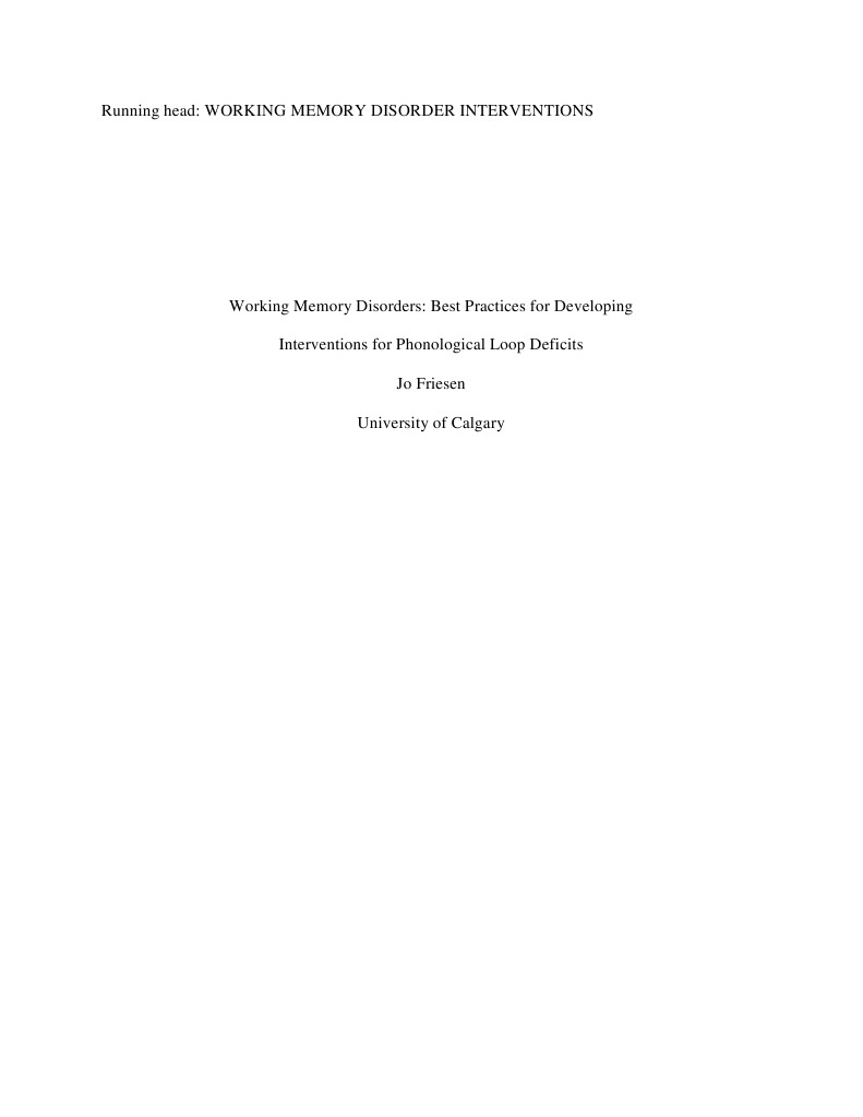 Running Head: Working Memory Disorder Interventions | PDF | Memory ...