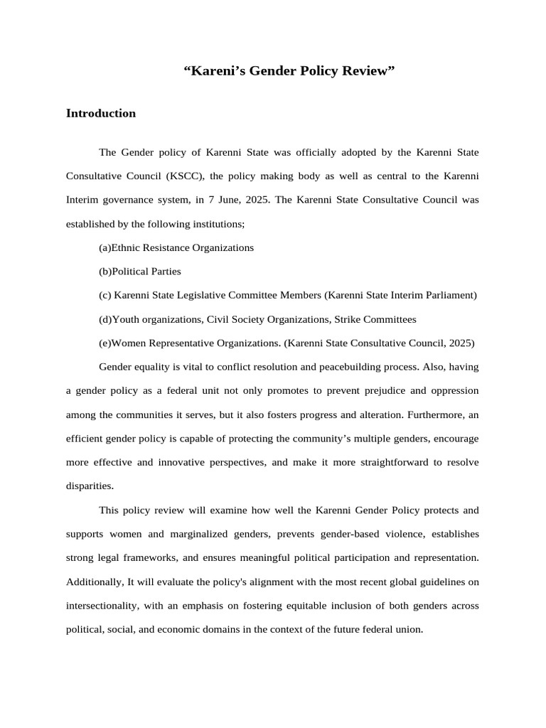 Final Paper For Term 1 Karenni Gender Policy Review | PDF