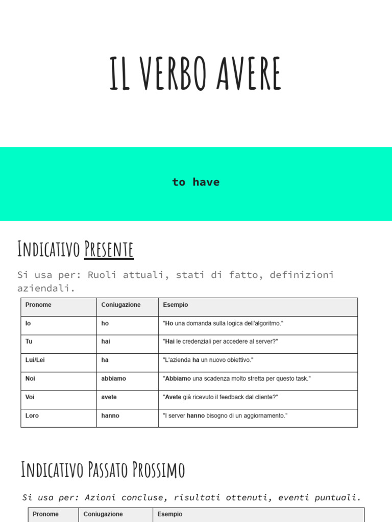 Il Verbo Avere | PDF