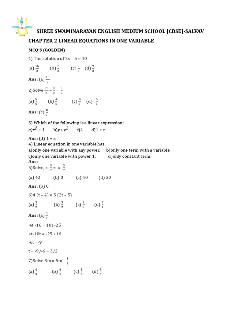 Chapter 2 Linear Equations in One Variable QB | PDF