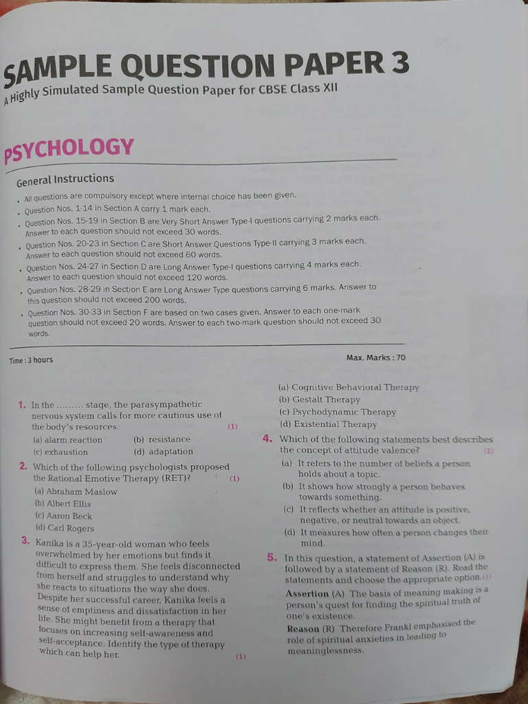 Sample Paper 3 Unsolved Psychology Class 12th | PDF