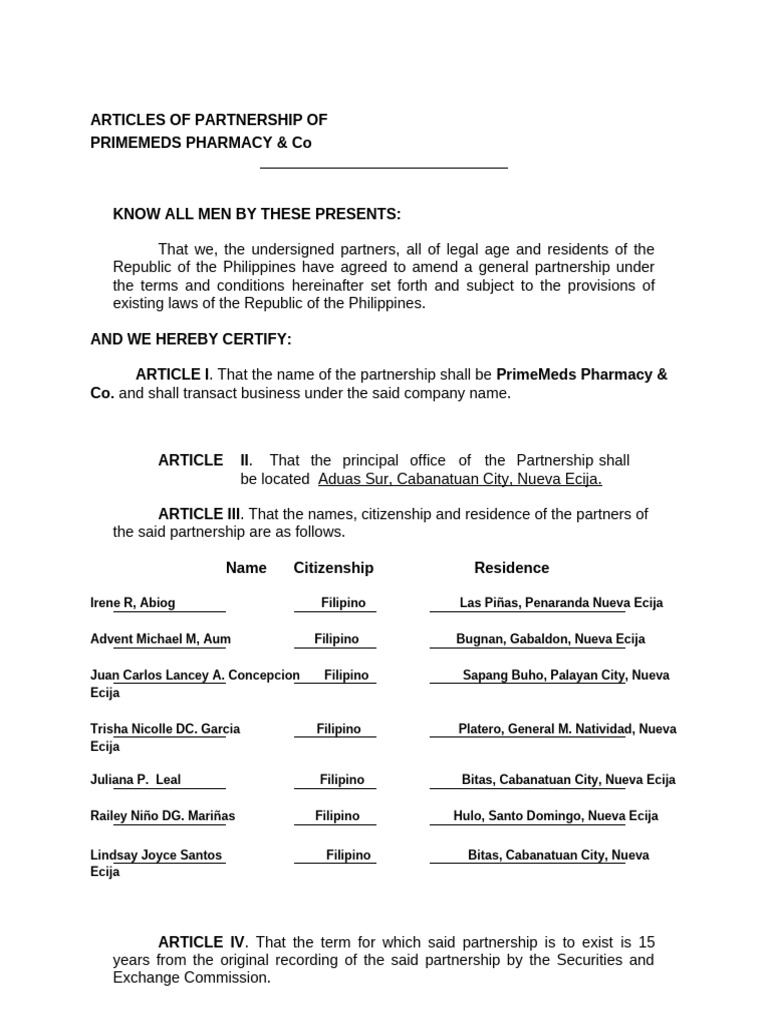 SEC - Articles of Partnership - Sample Only | PDF | Pharmacy ...