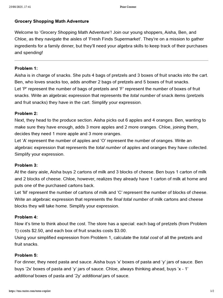 ALgebra Like Terms Story | PDF