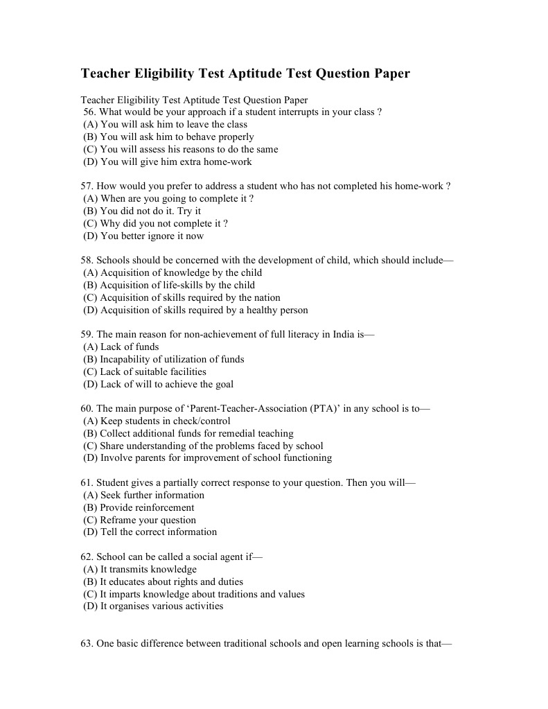 Tet Aptitude Test Question Paper Socialization Teachers