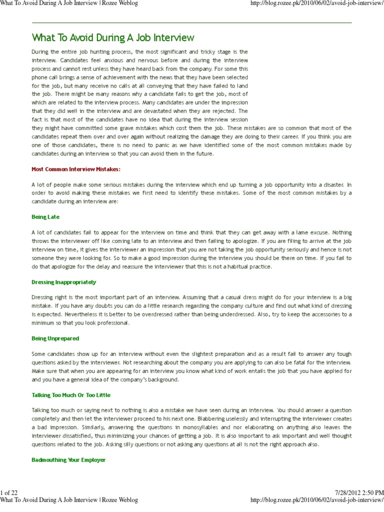 Ten Common Mistakes To Avoid During A Job Interview And Strategies For