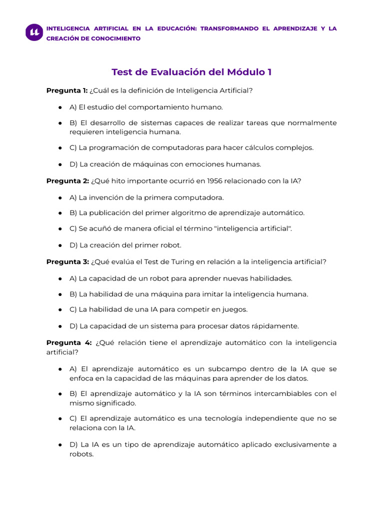Test de Autoevaluación - Módulo 1 | PDF | Inteligencia artificial ...