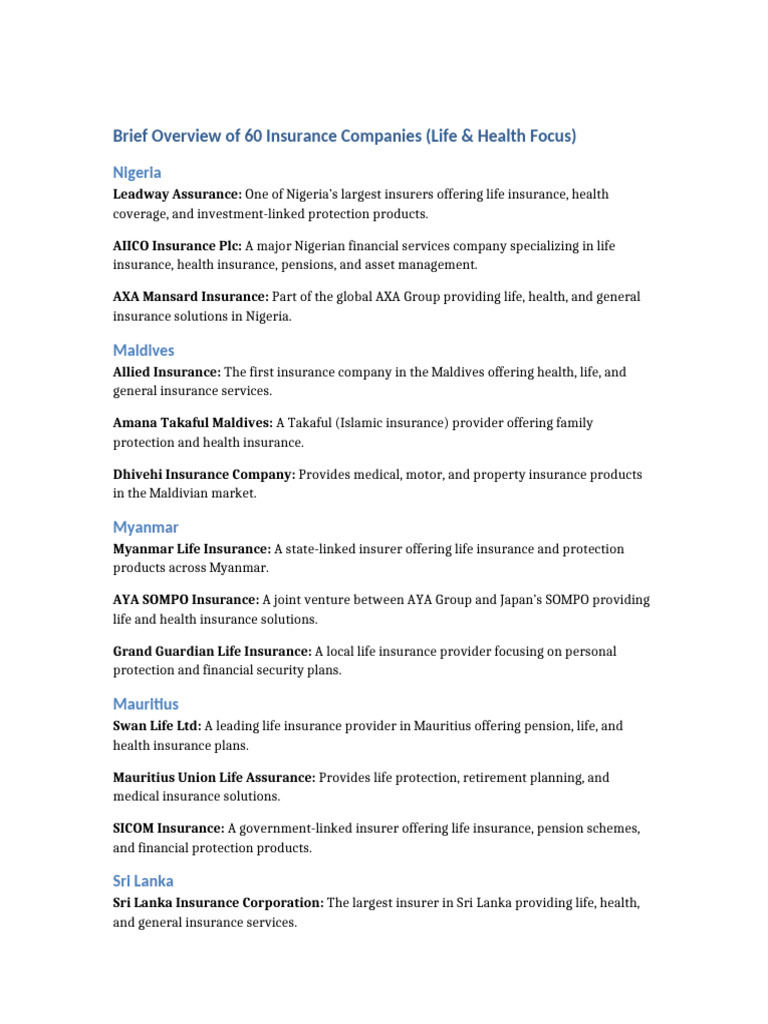 60 Insurance Companies Brief Info | PDF