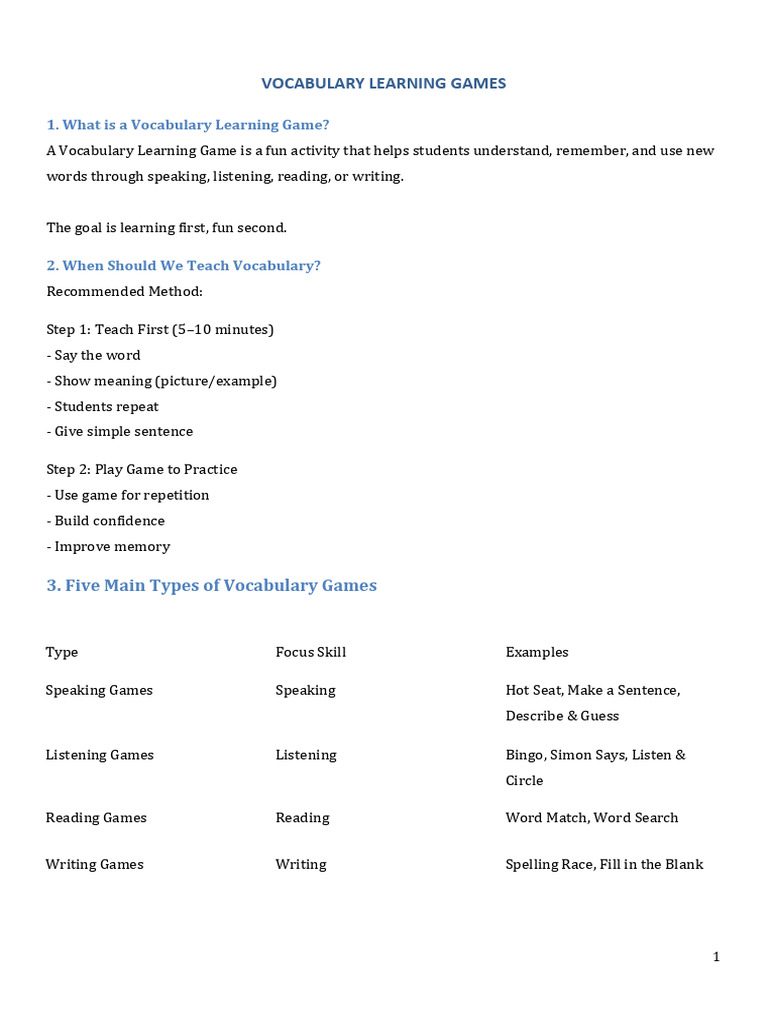 Vocabulary Learning Games Training | PDF