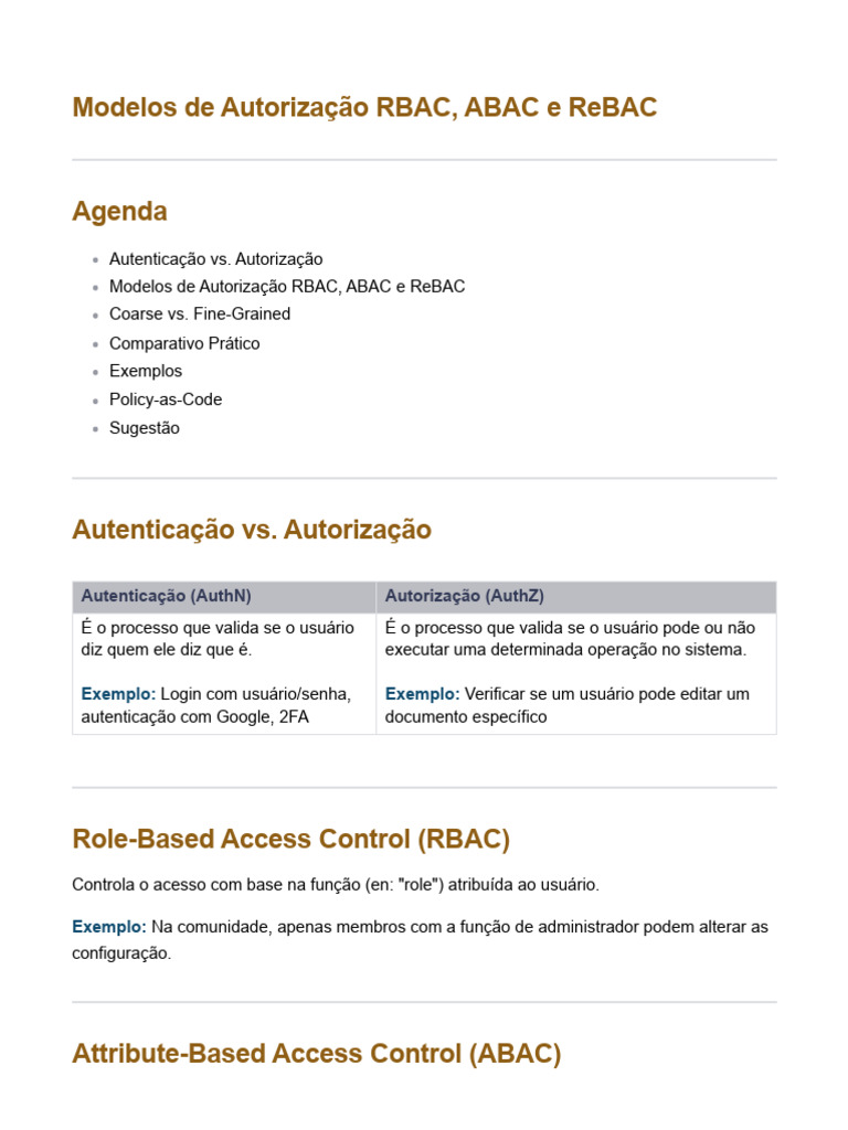 Aula - Modelos de Autorização RBAC, ABAC e ReBAC | PDF | Autenticação ...
