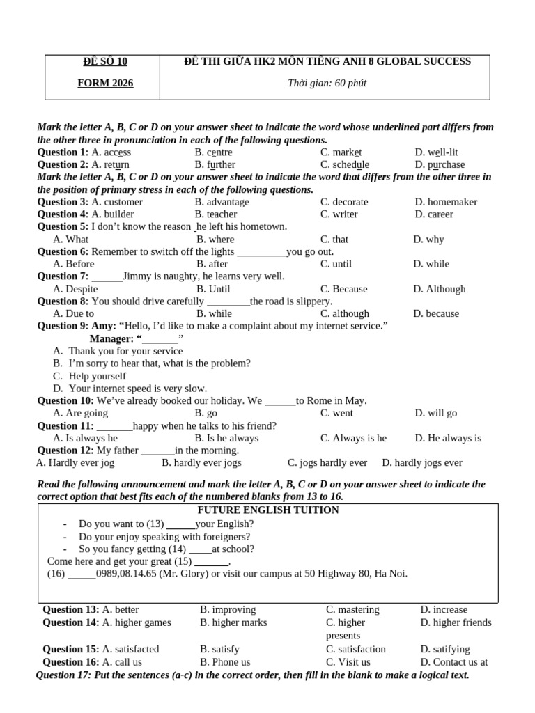 ĐỀ 10 THI GIỮA HK2 GS FORM 2026 | PDF | Pollution | Recycling
