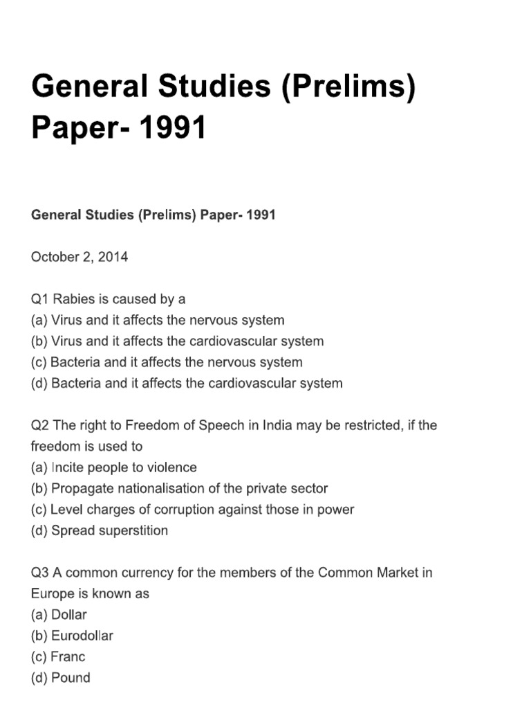 UPSC Prelims Paper Year 1991 in English | PDF