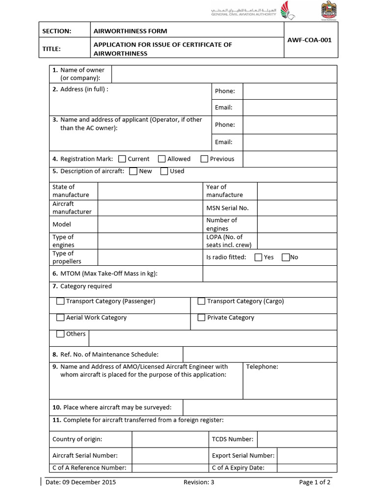 Awf-Coa-001 - Application For Issue of Certificate of Airworthiness Rev ...