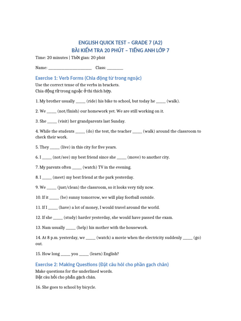 English Quick Test Grade7 A2 | PDF
