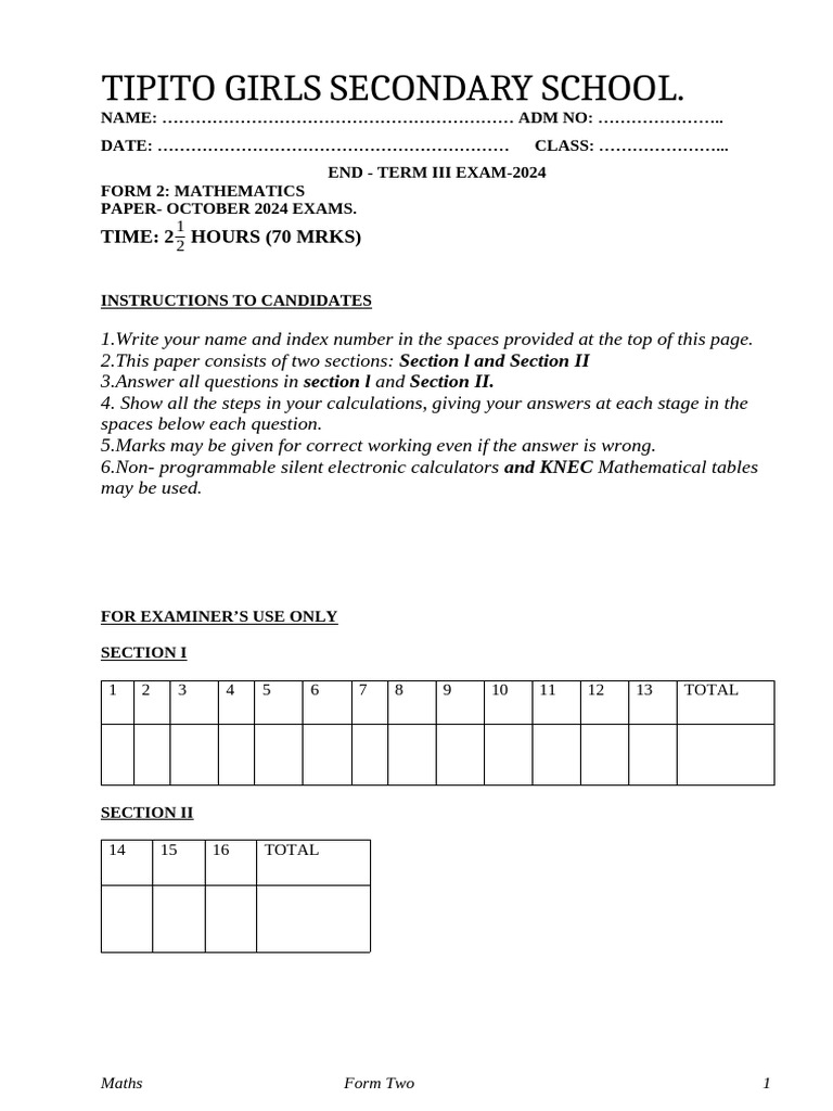 Math f2 End Term 3 Exams 2026 | PDF