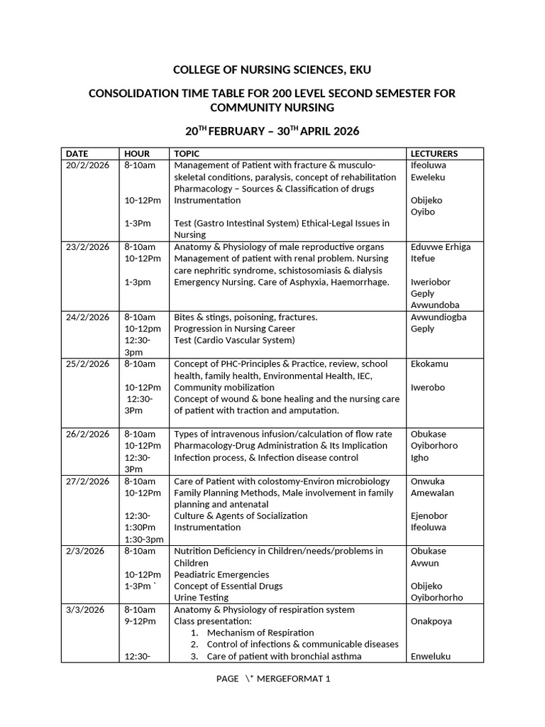 Consolidation Time Table For 200 Level Second Semester For Community ...