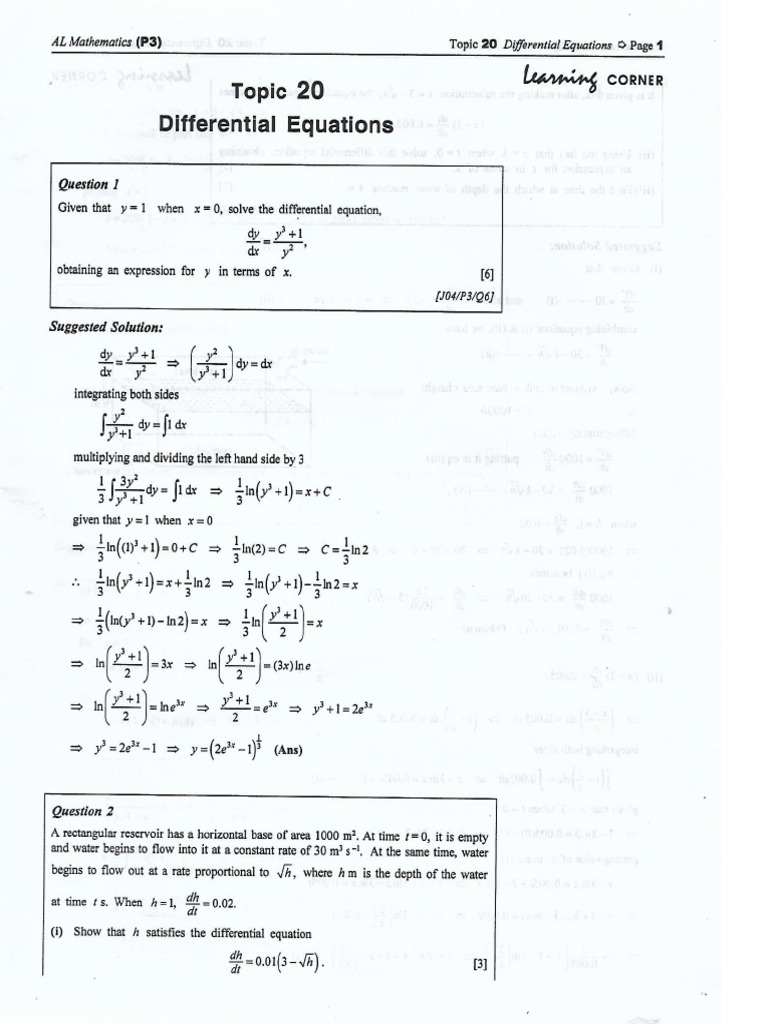 Topic 20 Differential Equations Questions&Ans | PDF