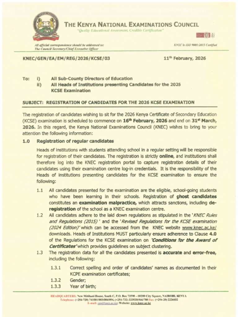 Registration Circular For 2026 Kcse Examination | PDF