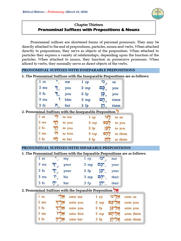 Pronominal Suffixes With Prepositions and Nouns | PDF