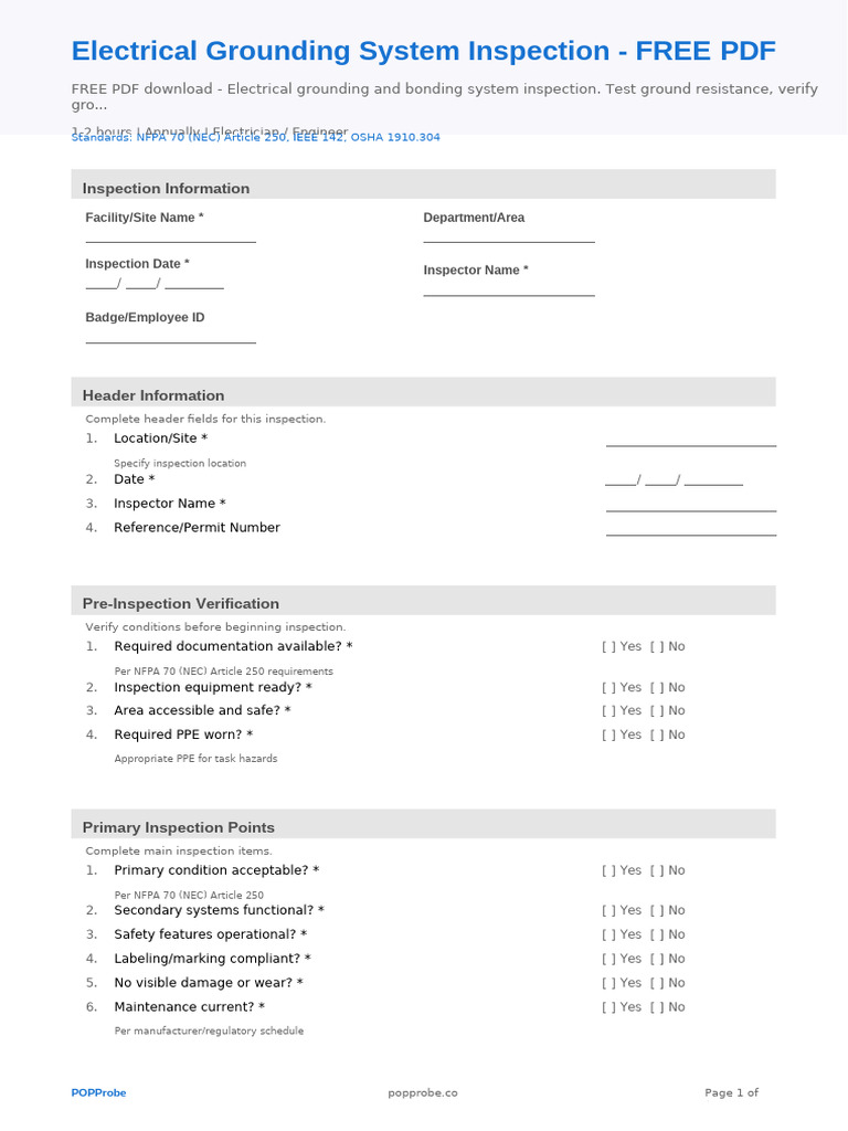 Electrical Grounding System Inspection Free PDF Checklist | PDF