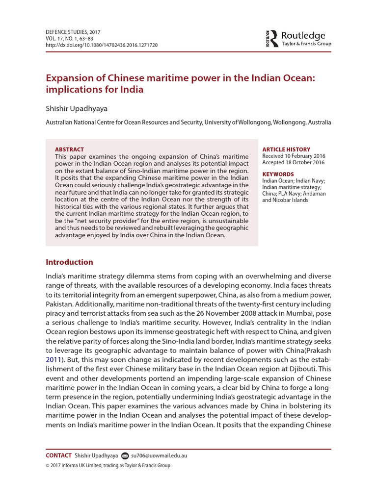 Expansion of Chinese Maritime Power in The Indian Ocean | PDF