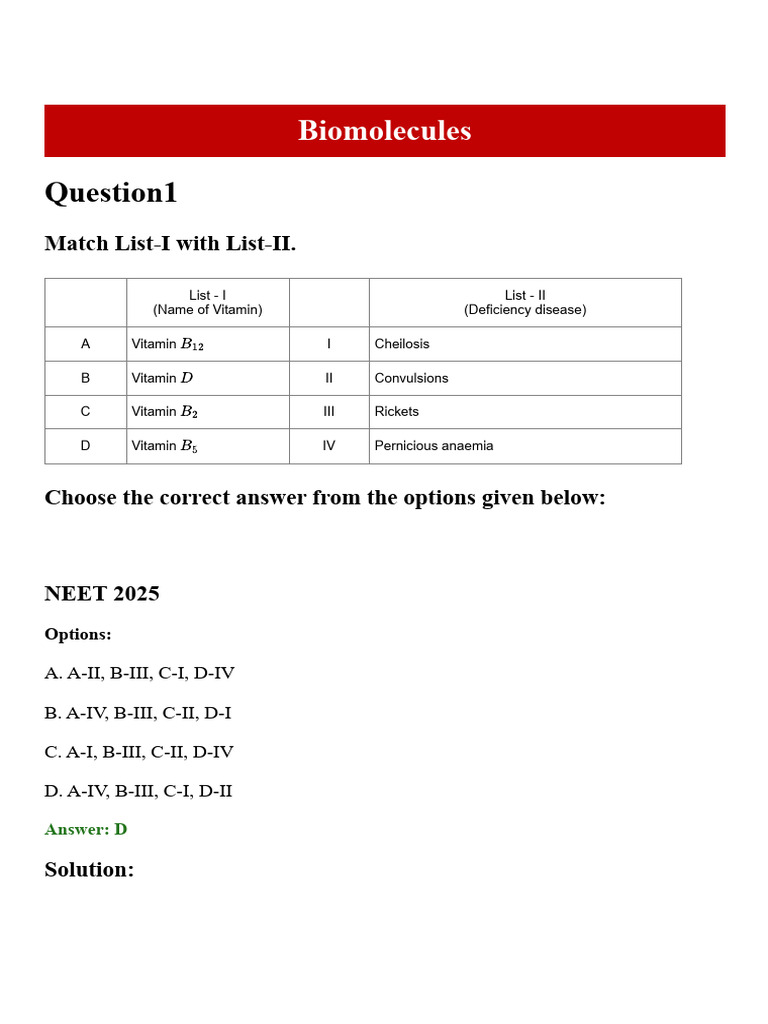 Biomolecules Chemistry in Everyday Life NEET Questions With Solutions | PDF