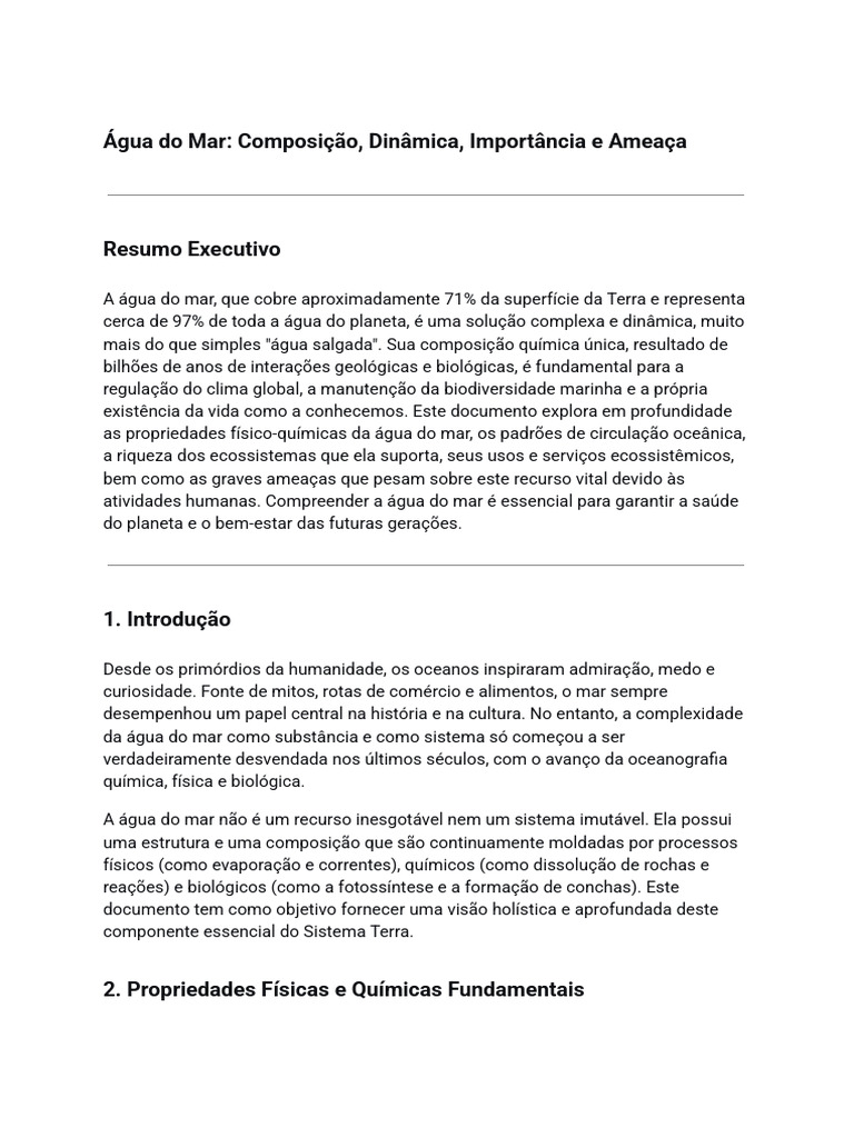 Água Do Mar - Composição, Dinâmica, Importância e Ameaça | PDF